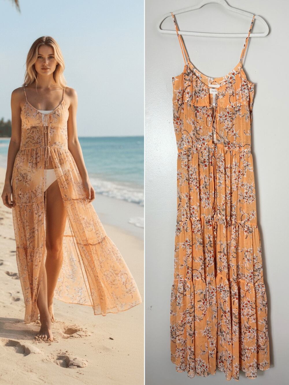 Cinq à Sept Peach Maxi Cover Up Floral Sheer Resort Longline Beach Cottage Coast